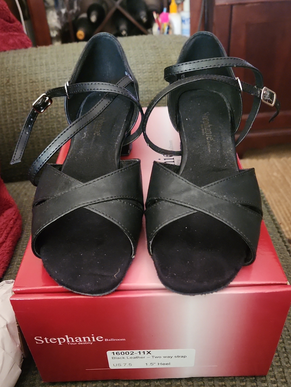 Stephanie Black Two-Way Strap Women's Ballroom Heels Sixe 7.5M